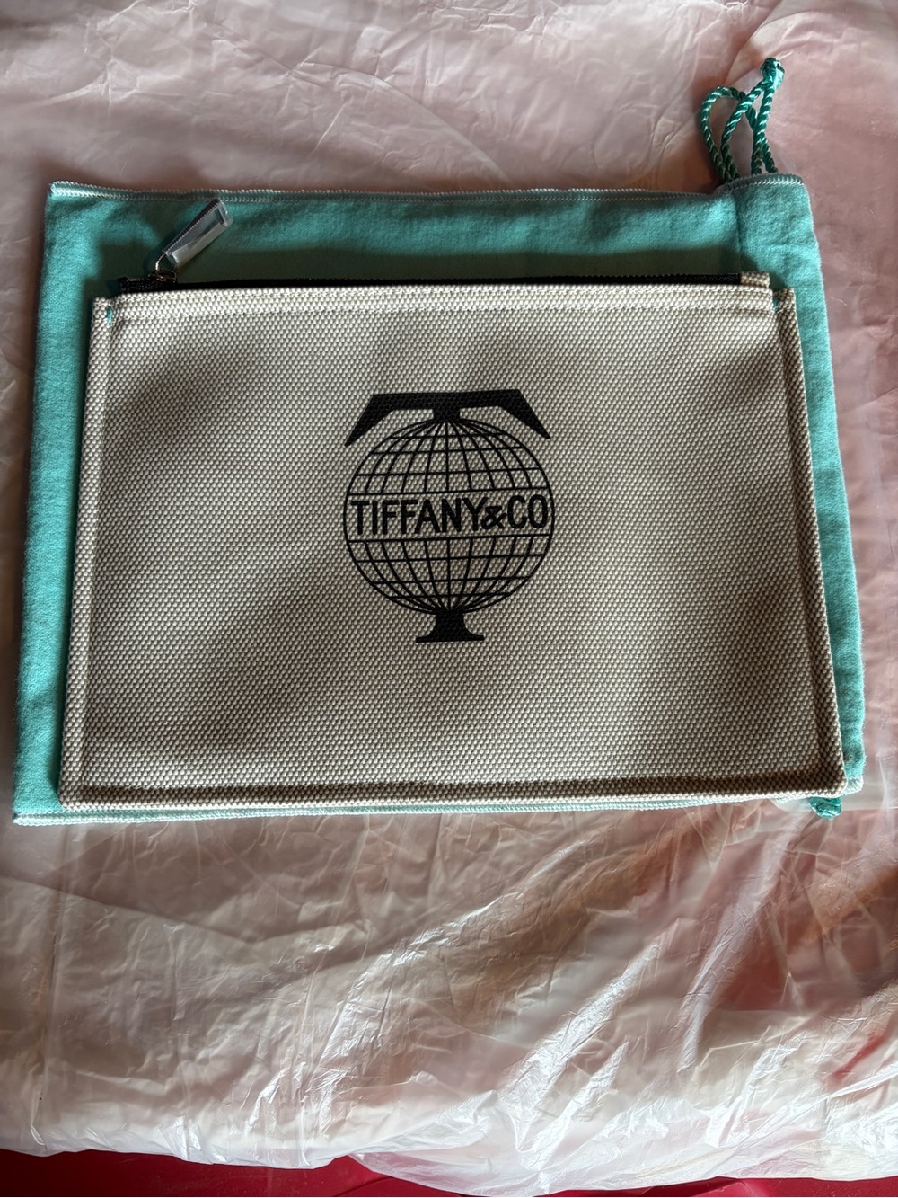 Tiffany & Co. Canvas Zip Pouch in Tiffany Blue and Cream with Black Logo